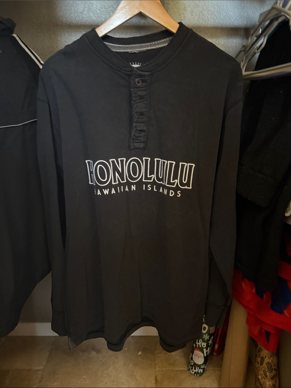 Lively Black Long Sleeve Henley with Honolulu Print